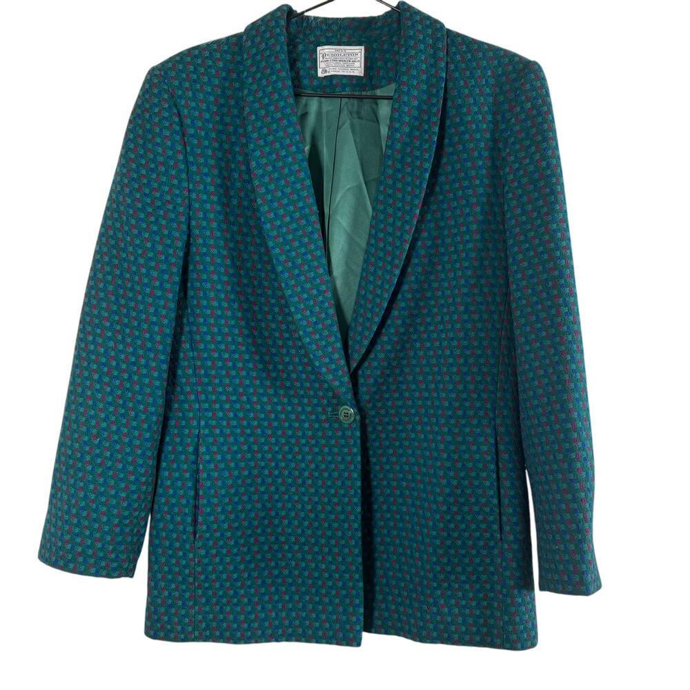 Vintage Miss Pendleton Virgin Wool Blazer Jacket Teal Green Plaid Check Womens 8